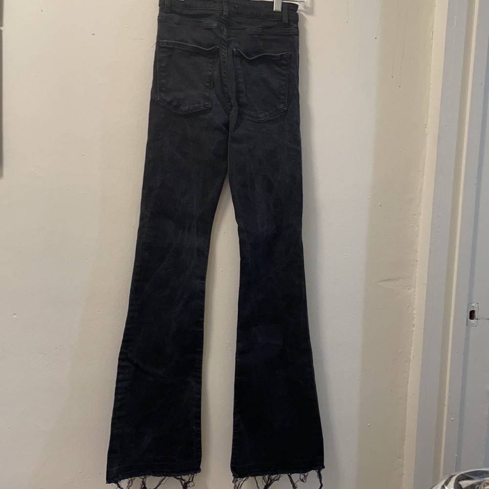 Zara High Waist Black Flare Jeans Raw Hem Size 2